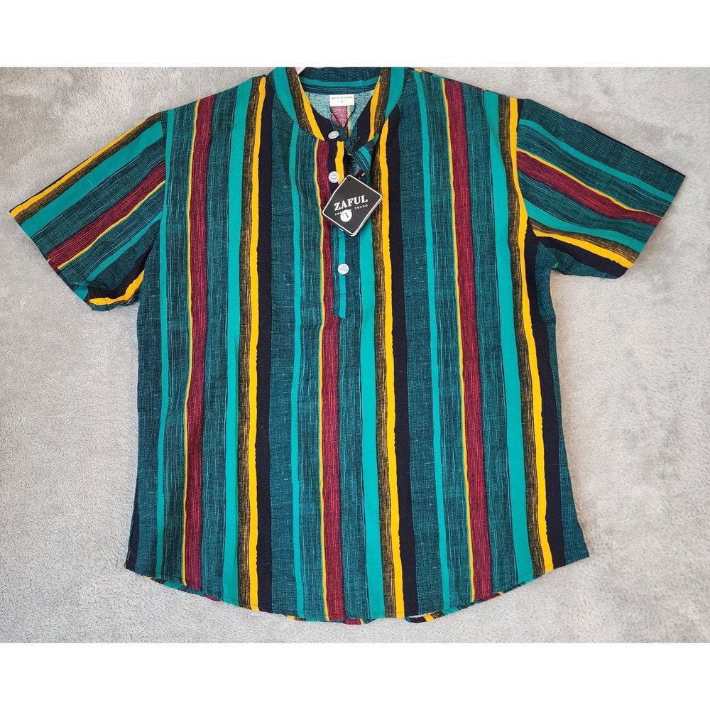 Zaful Shirt Mens Small Yellow Teal Striped Henley Short Sleeve Band Collar